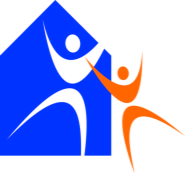 Logo: Two stylized stick figures appear to be leaping or dancing in front of a blue house icon, representing the hope, joy, belonging and connection of recovery