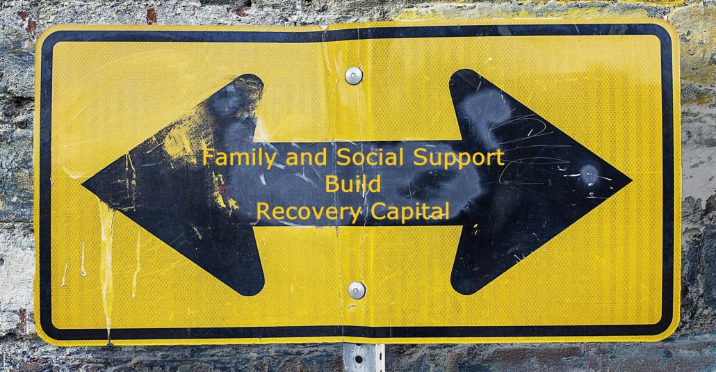 Image of Dual Traffic Arrows with text: Family and Social Support Build Recovery Capital