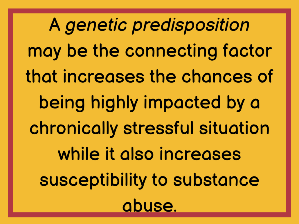 A genetic predisposition may be the connecting factor that increases the chances of being highly impacted by a chronically stressful situation while it also increases susceptibility to substance abuse.
