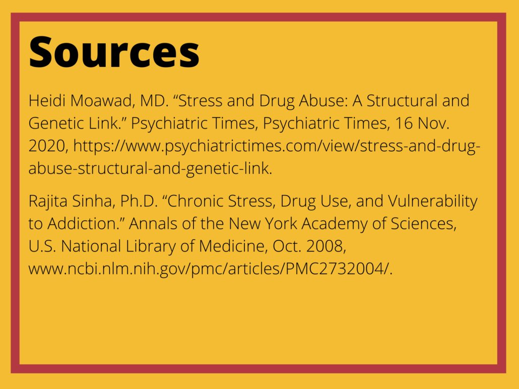 Sources slide: 
Heidi Moawad, MD. "Stress and Drug Abuse: A Structural and Genetic Link." Psychiatric Times, Psychiatric Times, 16 Nov. 2020, https://www.psychiatrictimes.com/view/stress-and-drug-abuse-structural-and-genetic-link.
Rajita Sinha, Ph.D. "Chronic Stress, Drug Use, and Vulnerability to Addiction." Annals of the New York Academy of Sciences, U.S. National Library of Medicine, Oct. 2008, www.ncbi.nlm.nih.gov/pmc/articles/PMC2732004/.