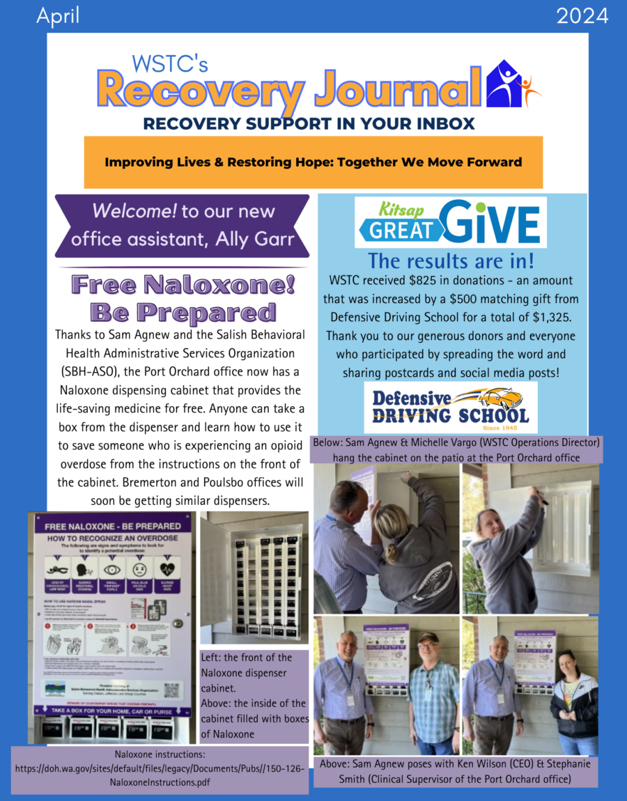 The front page of the April newsletter, featuring free naloxone and the Great Give